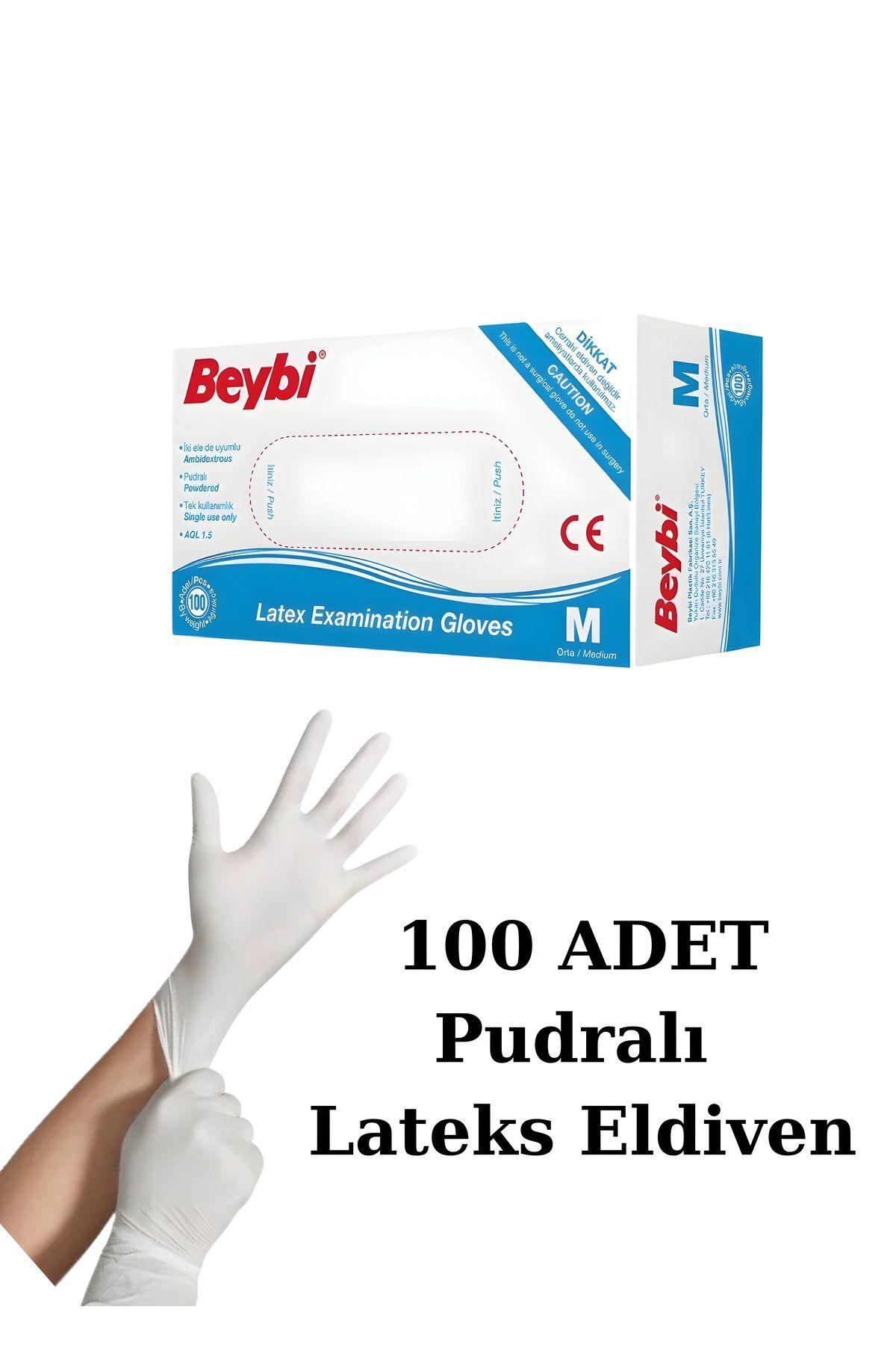 Beybi Lateks Pudralı (M) Medium Beden Muayene Eldiven - 100 lü Paket