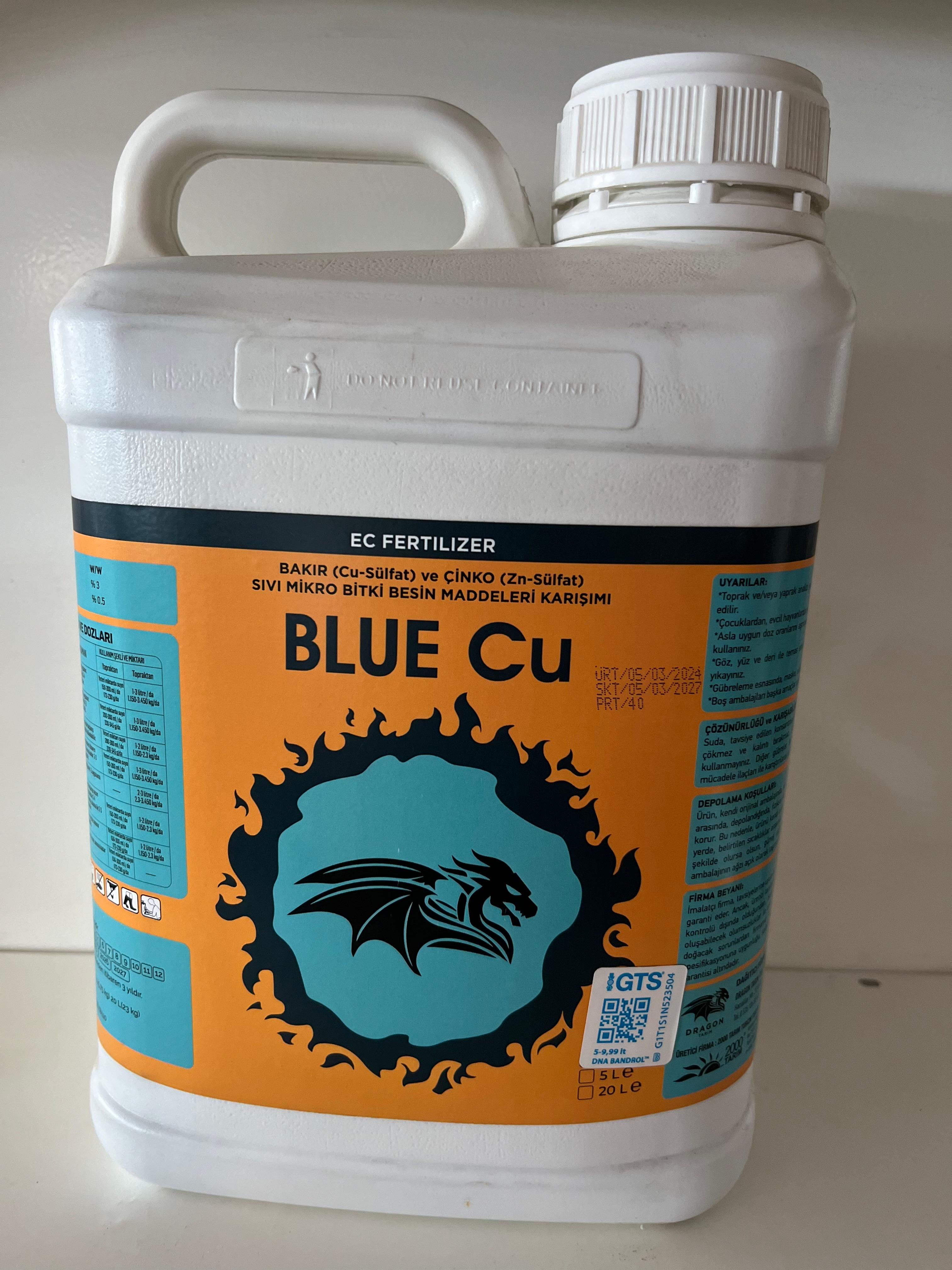 Blue Cu Bakır Sülfat ve Çinko içerikli Sıvı Mikro Bitki Besini 5 Litre