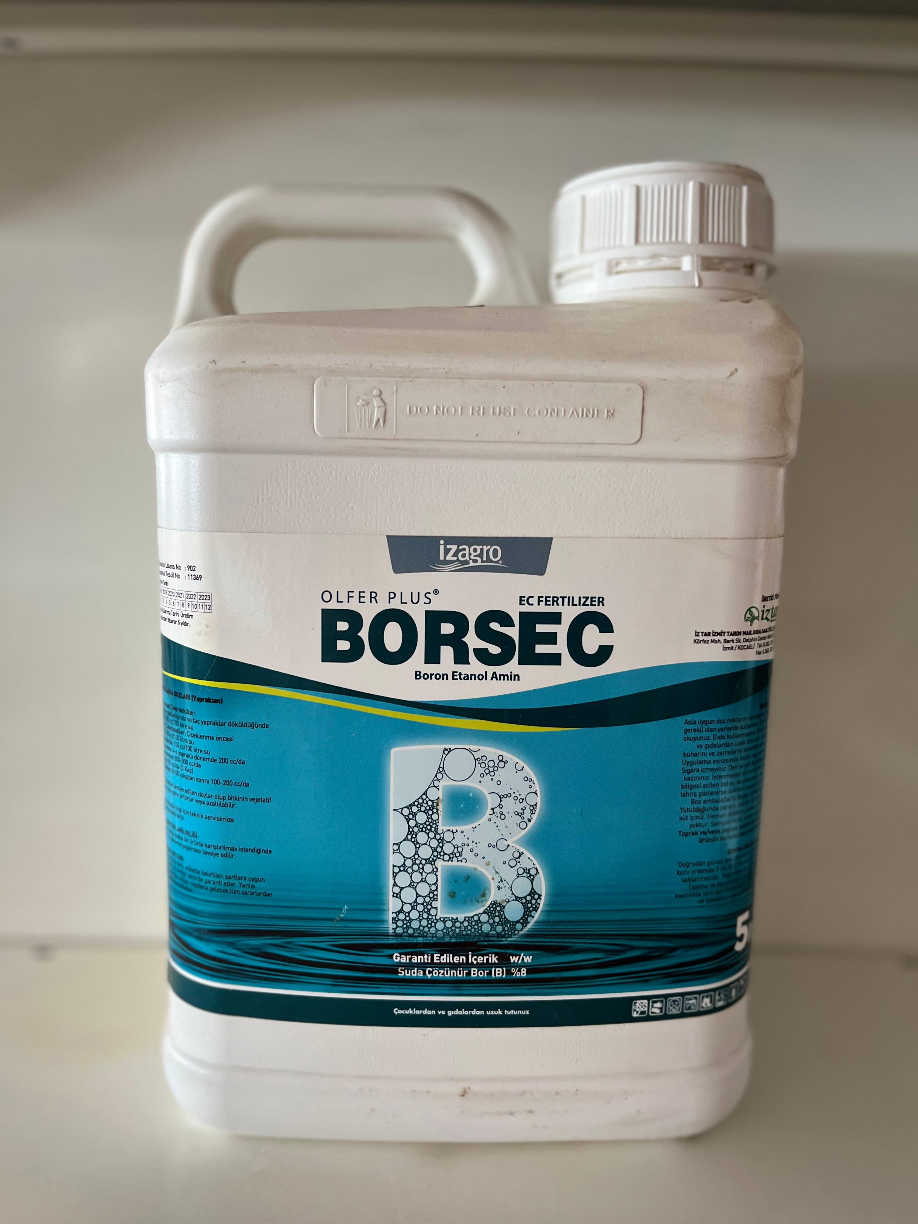 BORSEC Sıvı Bor içerikli Yaprak Gübresi |Çiçeklenme & Meyve Tutturucu |5 Litre