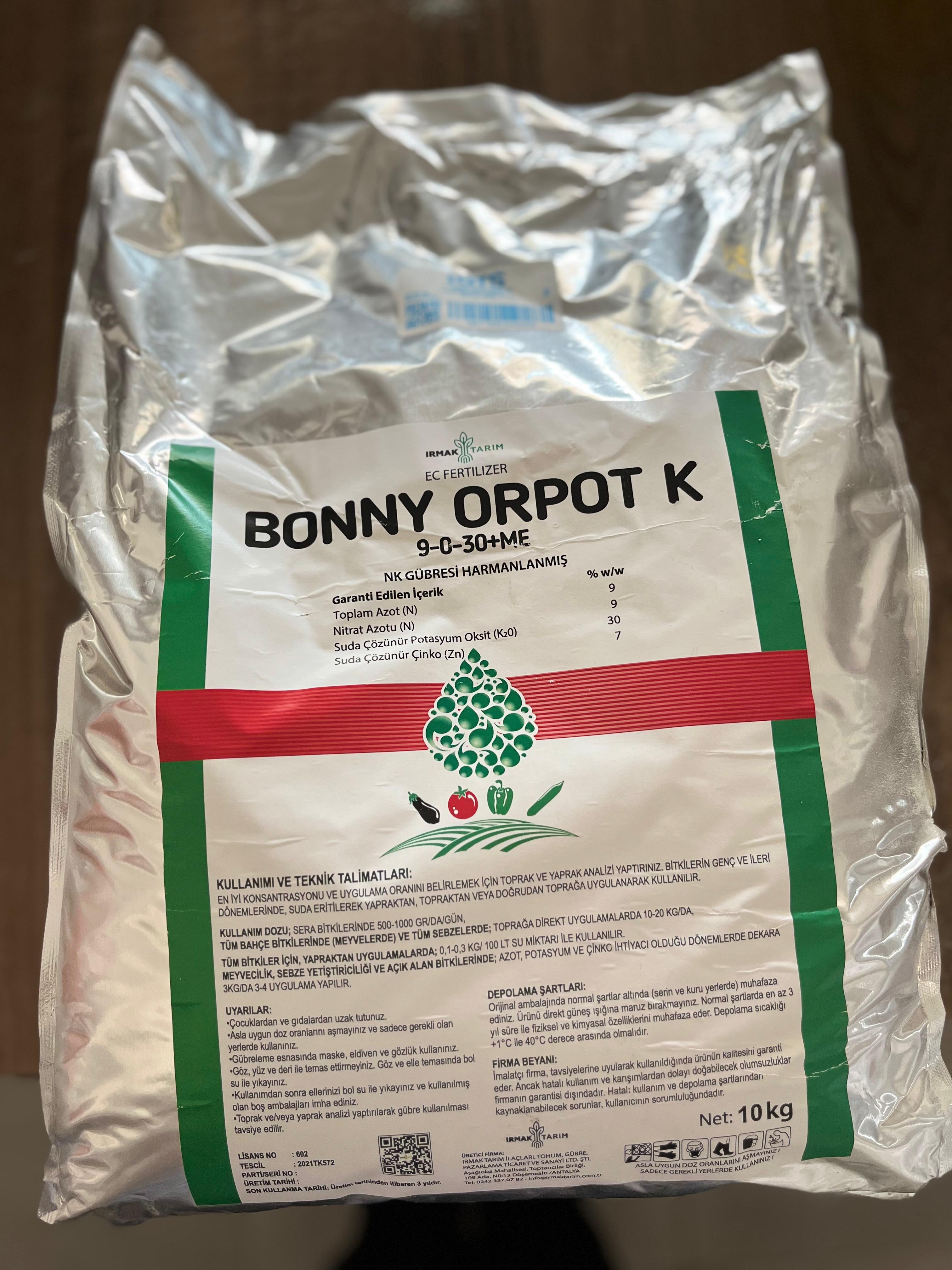 Bonny Orpot K 9-0-30 NK Gübresi |Yüksek Verimli Meyve Şişirme Gübresi | 10 Kg