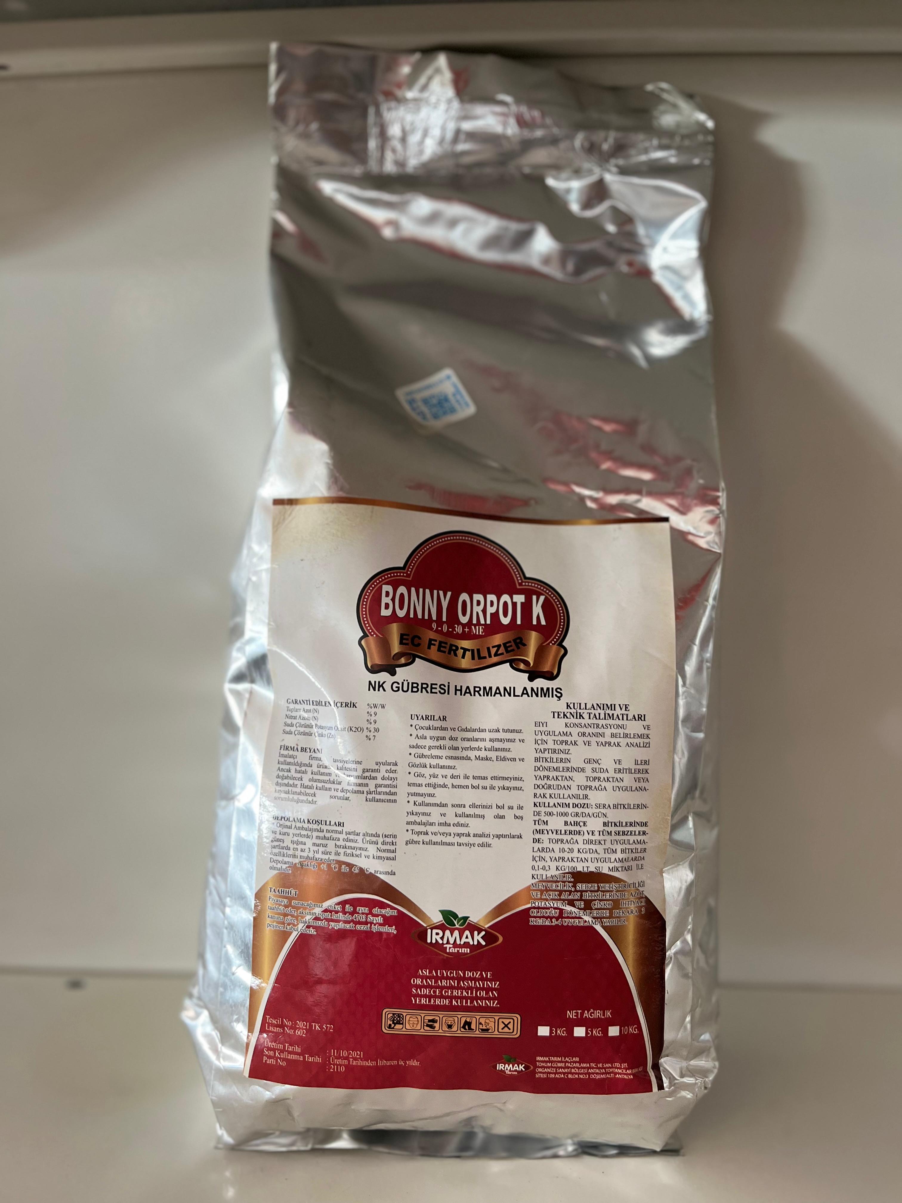 Bonny Orpot K 9-0-30 NK Gübresi |Yüksek Verimli Meyve Şişirme Gübresi | 3 Kg