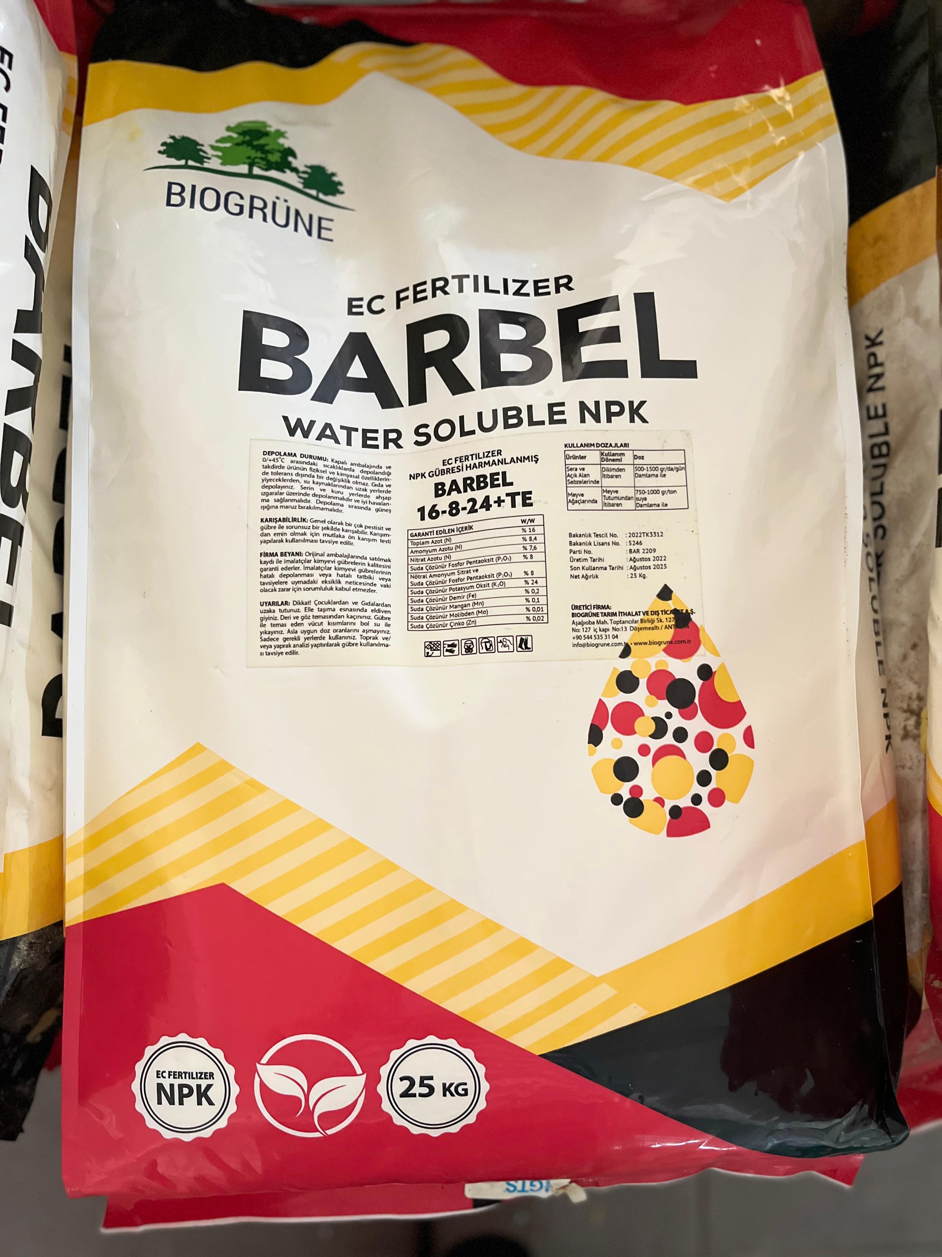 Barbel | Yüksek Kalite- Klorsuz | 16-8-24 NPK Gübresi 25 KG