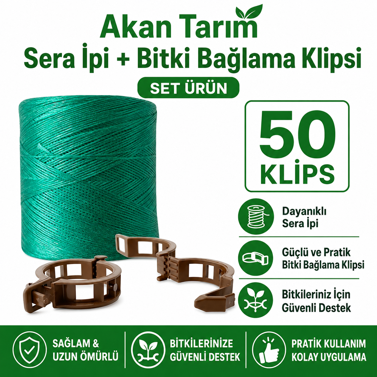 Akan Tarım Sera Bitki Bağlama ve Sabitleme Seti - Sera İpi + 50 Adet Fide Klipsi