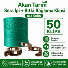 Akan Tarım Sera Bitki Bağlama ve Sabitleme Seti - Sera İpi + 50 Adet Fide Klipsi