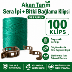 Akan Tarım Sera Bitki Bağlama ve Sabitleme Seti - Sera İpi + 100 Adet Fide Klipsi