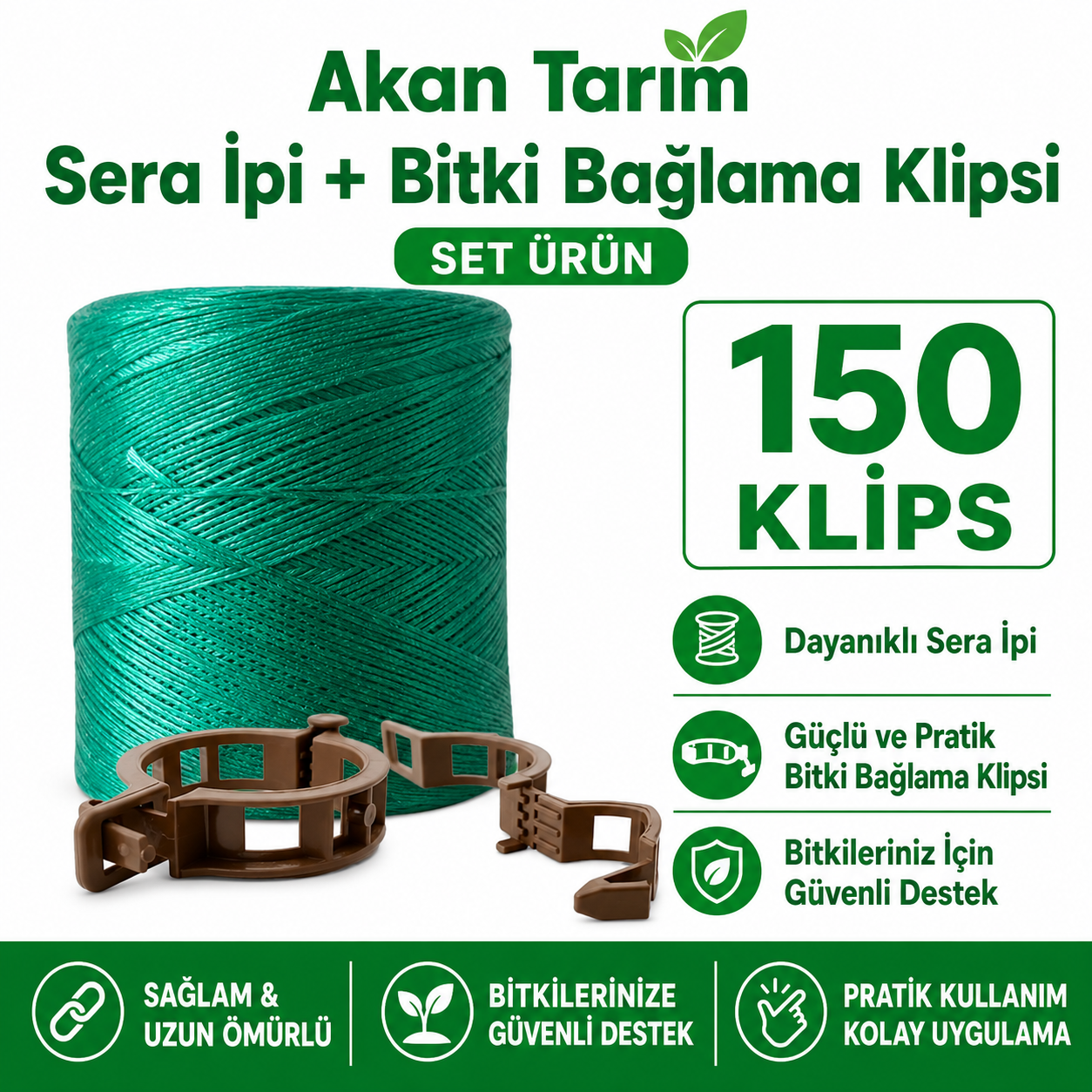 Akan Tarım Sera Bitki Bağlama ve Sabitleme Seti - Sera İpi + 150 Adet Fide Klipsi