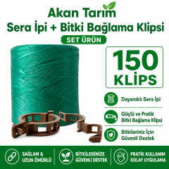 Akan Tarım Sera Bitki Bağlama ve Sabitleme Seti - Sera İpi + 150 Adet Fide Klipsi