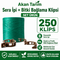 Akan Tarım Sera Bitki Bağlama ve Sabitleme Seti - Sera İpi + 250 Adet Fide Klipsi