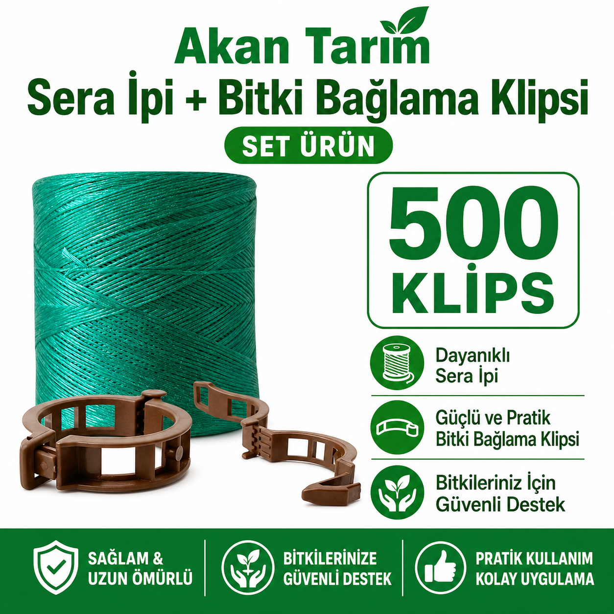 Akan Tarım Sera Bitki Bağlama ve Sabitleme Seti - Sera İpi + 500 Adet Fide Klips