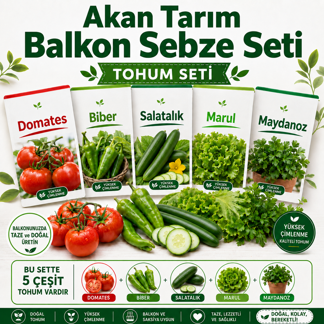 Akan Tarım Balkon Hobi Sebze Tohumu Seti - Domates Biber Salatalık Marul Maydanoz
