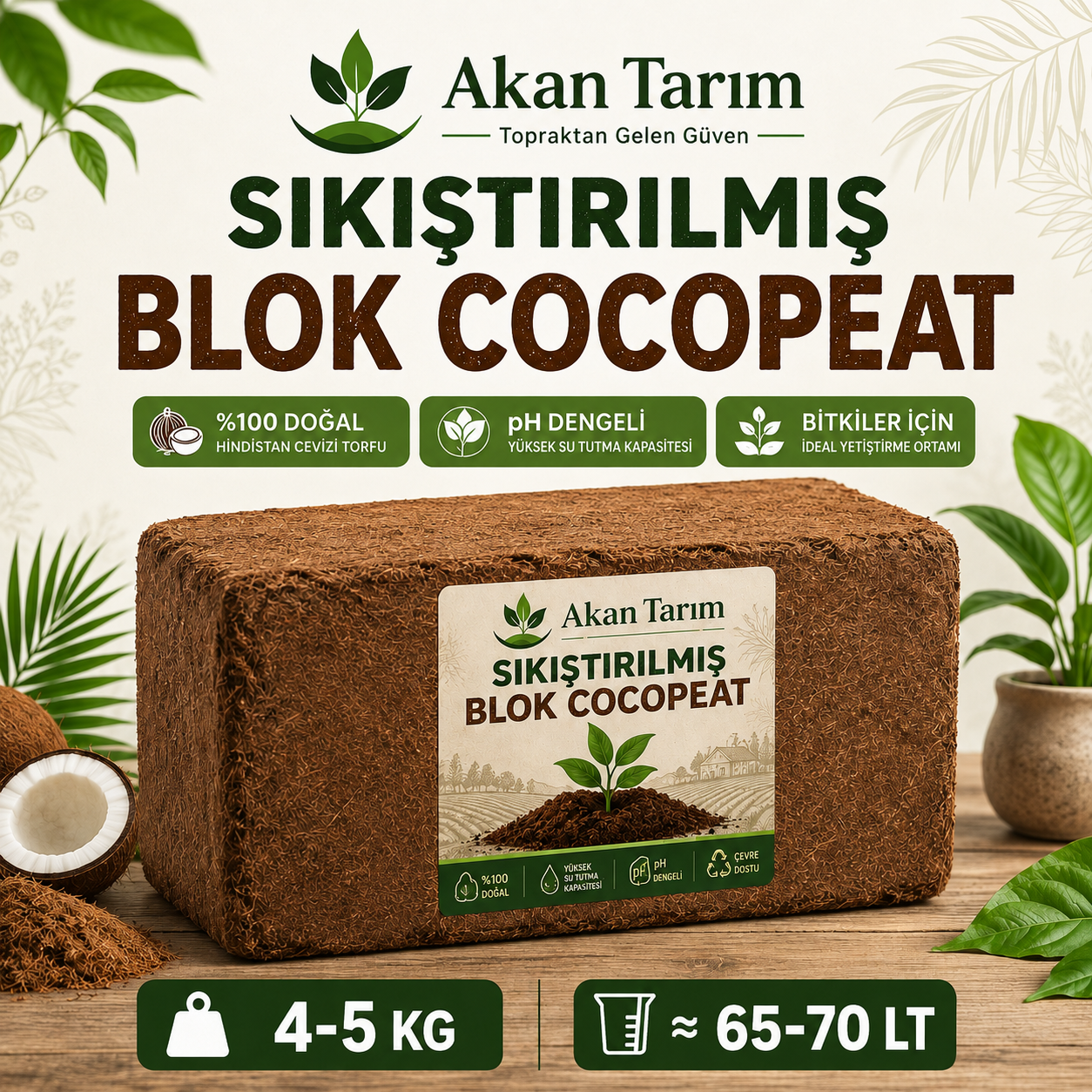 Akan Tarım Cocopeat İthal Hindistan Cevizi Torfu 4-5 KG ≈ 65-70 LT